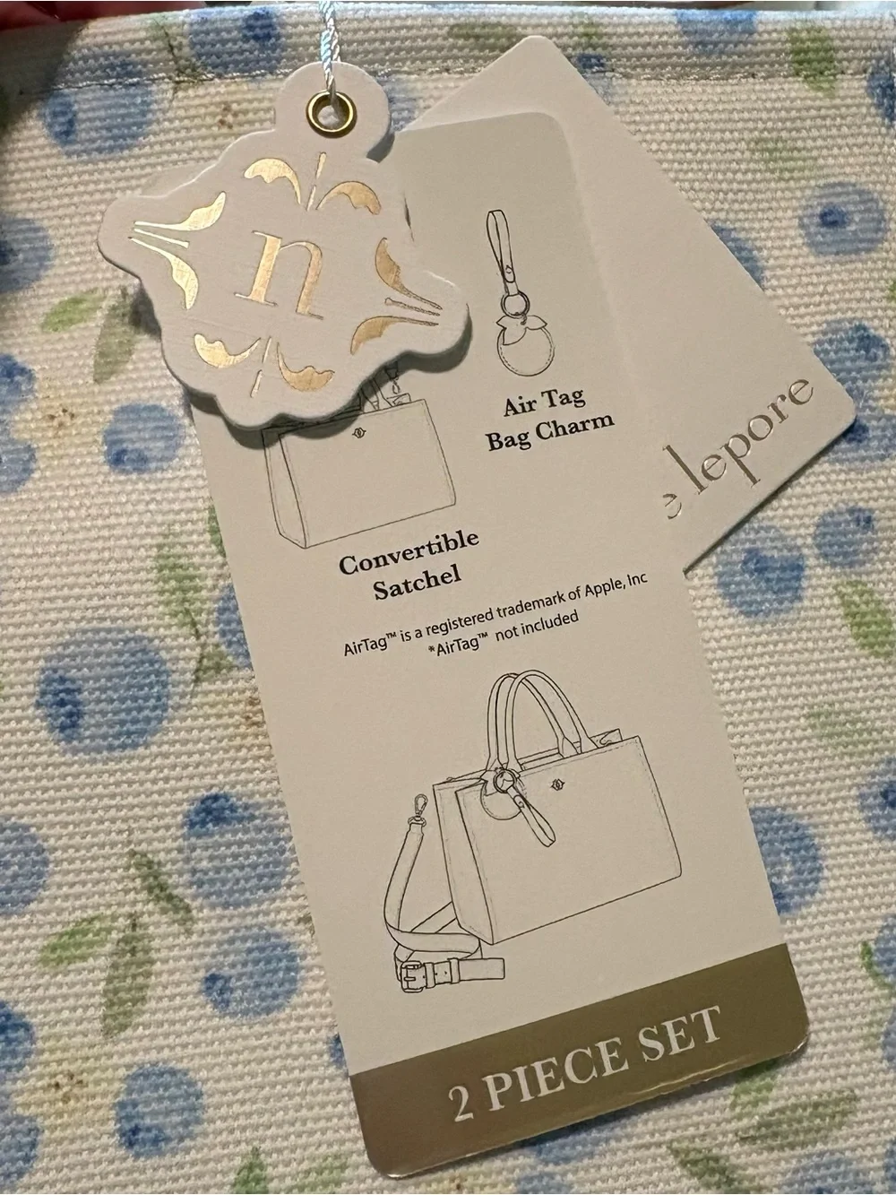 Nanette Lepore Elle Satchel Blueberry Blooms Gingham Tote & Airtag Holder NWT